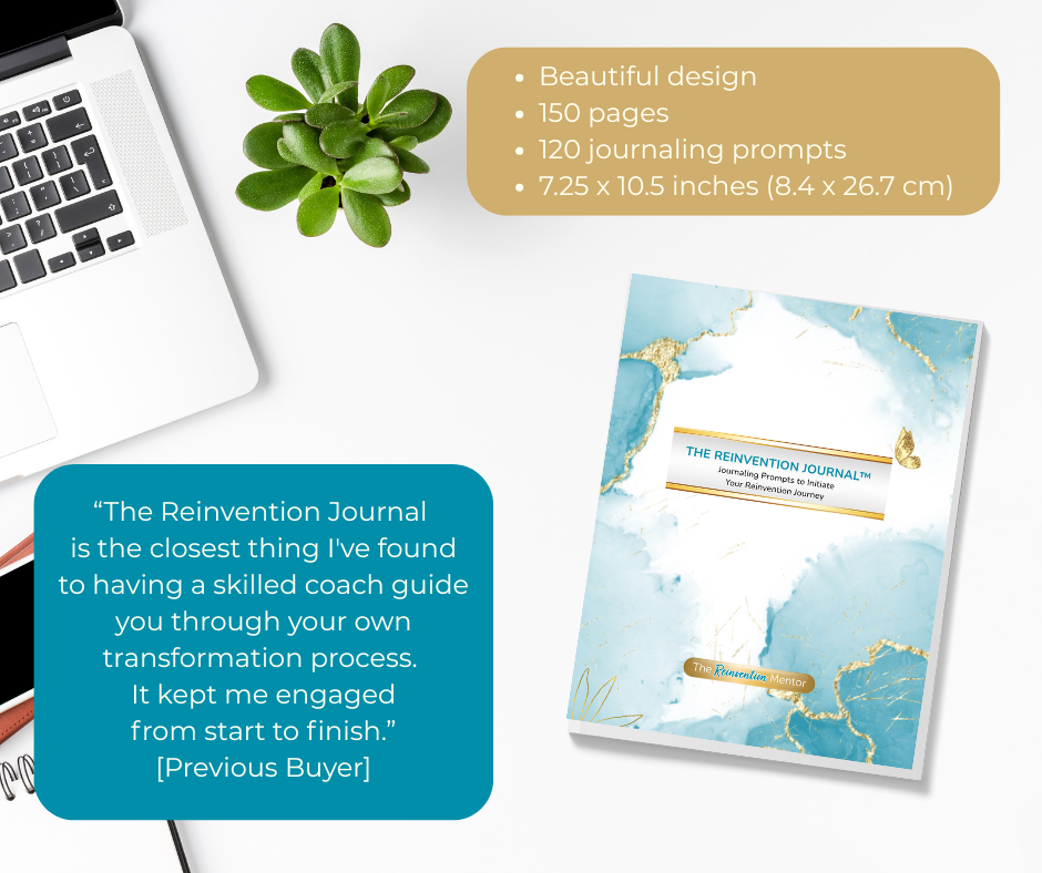 The Reinvention Journal displayed on a desk with laptop and plant, showing product specifications and featuring a testimonial for women 50+