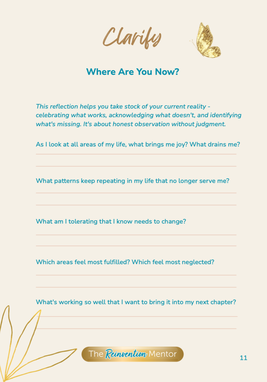 Sample journaling prompts from The Reinvention Journal showing thoughtful questions for self-discovery and reinvention for women 50+
